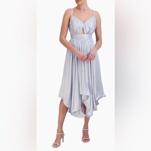 BCBGMAXAZRIA  2X01D09 Asymmetric Pleated Satin Midi-Dress Light Blue Size 4 NWT